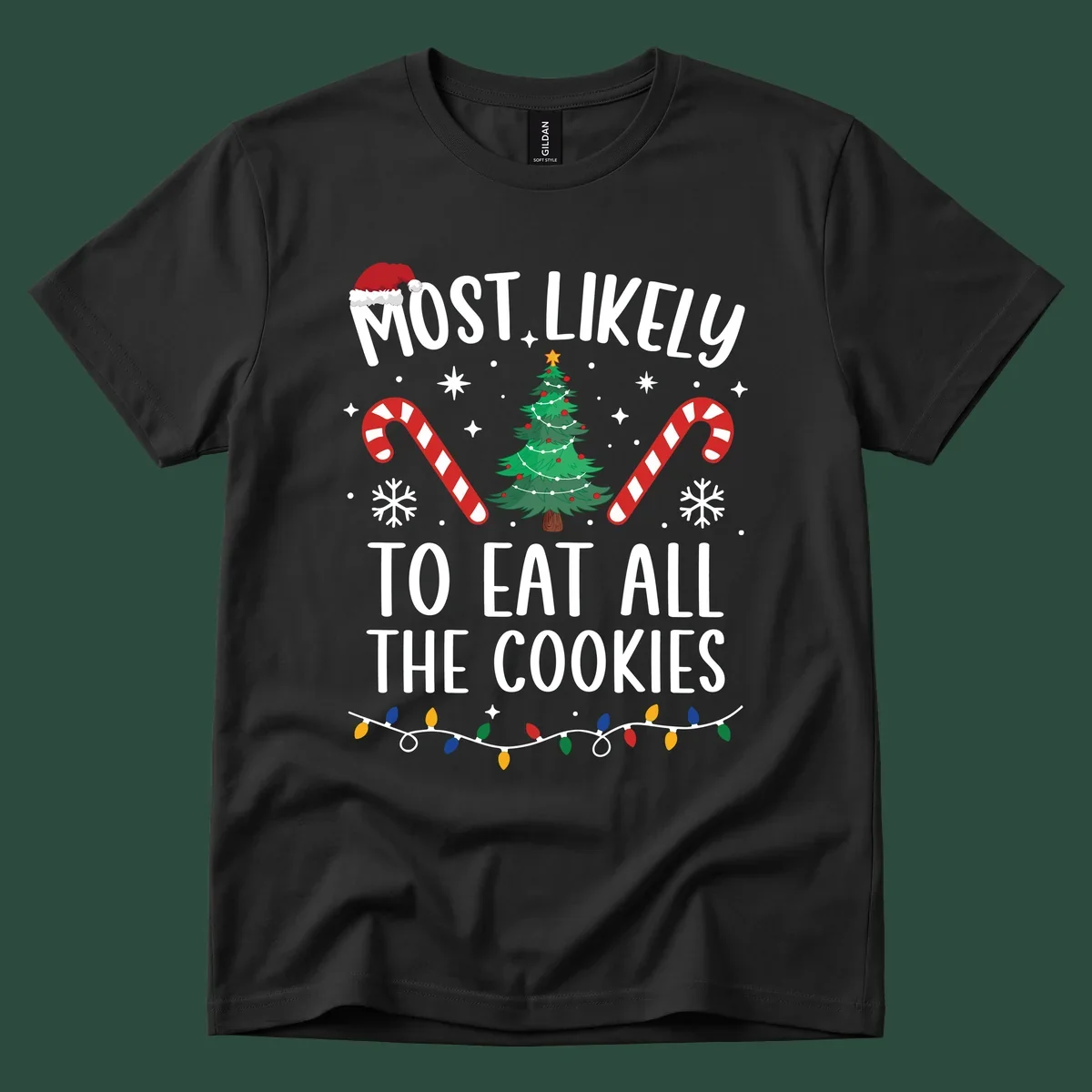 Most Likely To Eat All The Cookies Christmas graphic with tree and candy canes.