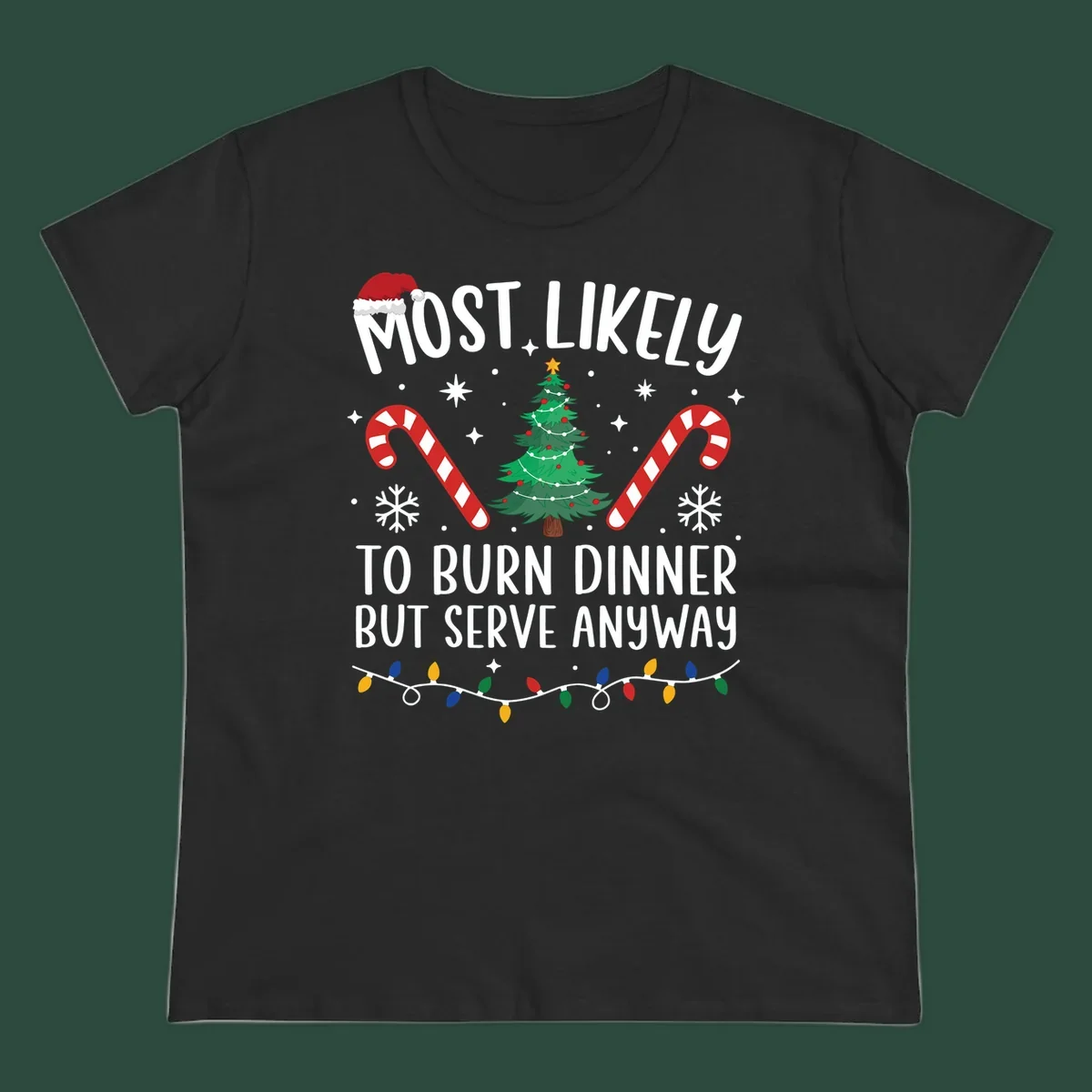 Most likely to burn dinner but serve anyway funny Christmas text with Santa hat, Christmas tree, and candy canes.