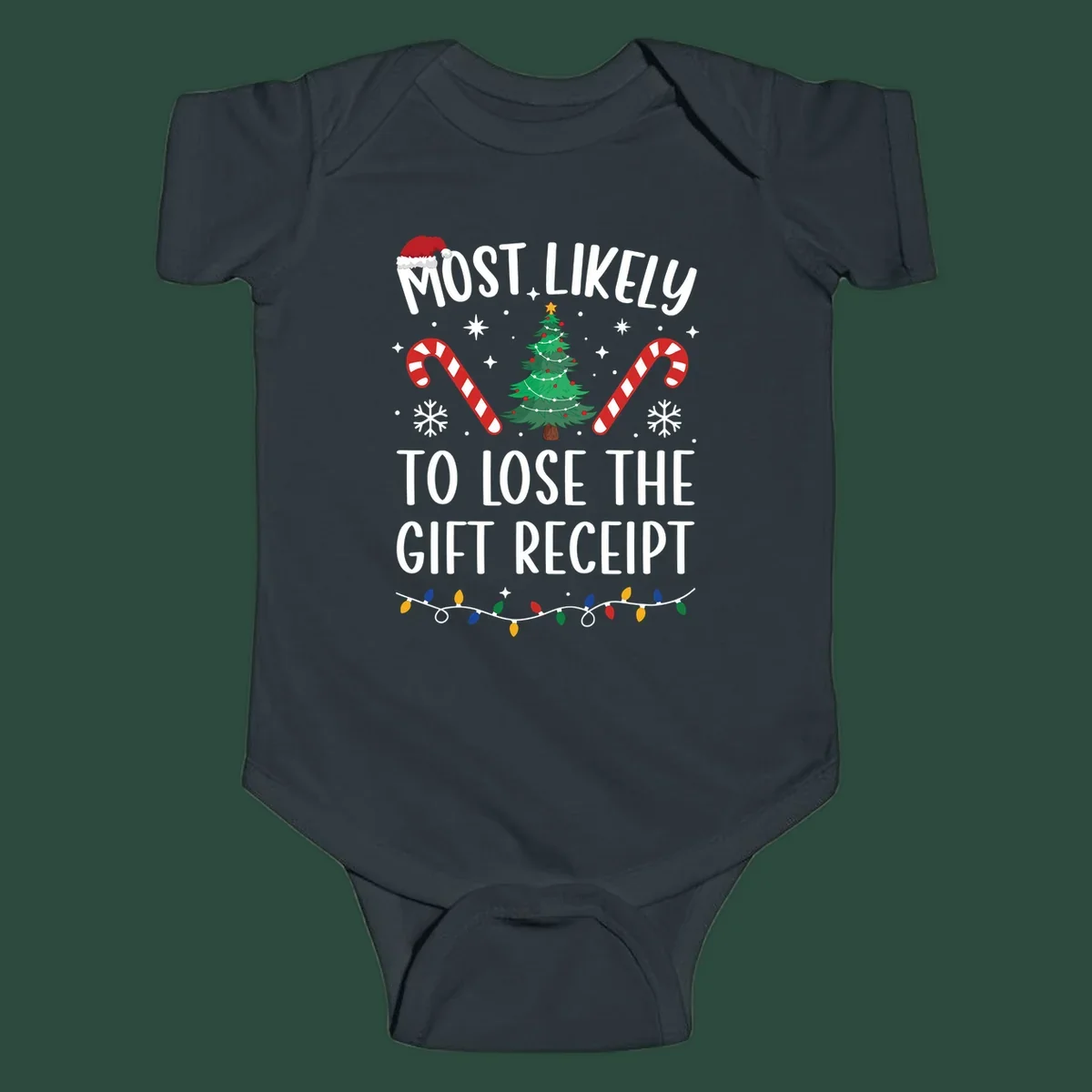 Most Likely To Lose The Gift Receipt Christmas design with text, tree, candy canes, and Santa hat.