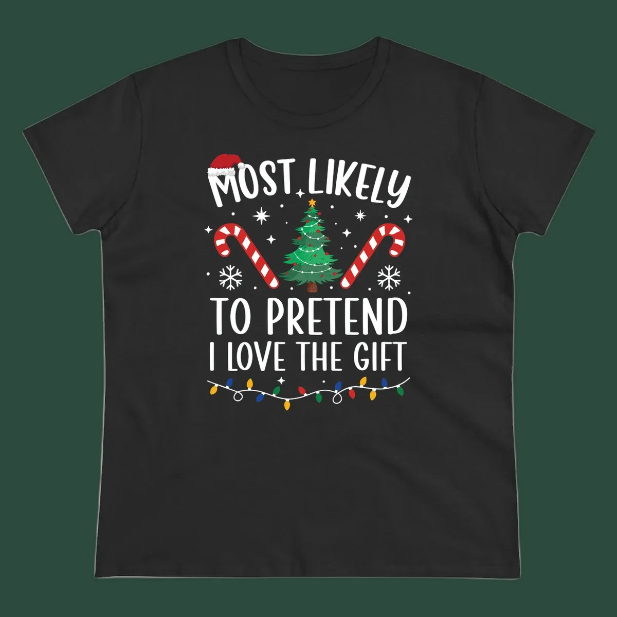 Most Likely To Pretend I Love Gift typography with Christmas elements.