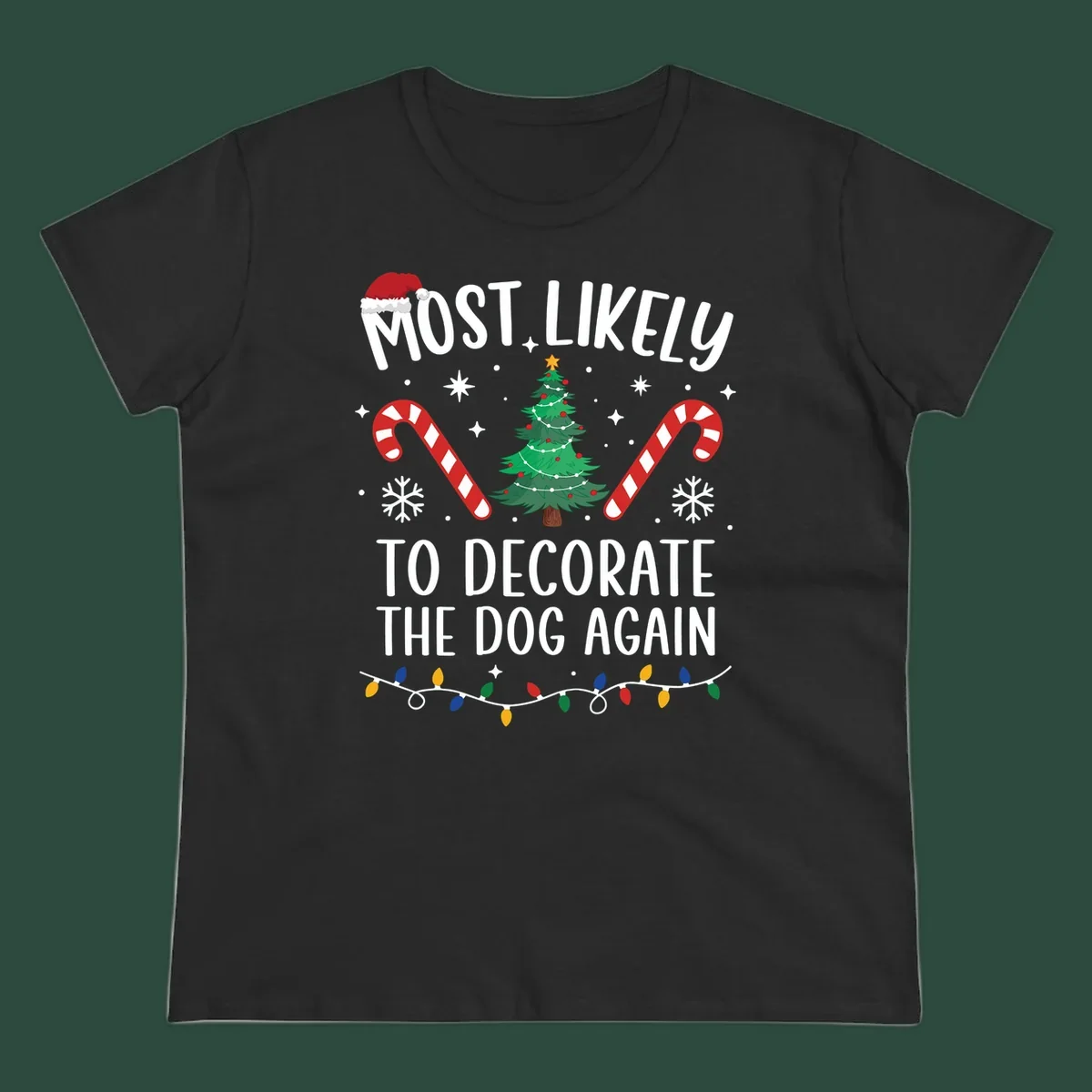 Most Likely To Decorate The Dog Again phrase with Christmas elements like Santa hat, tree, candy canes.