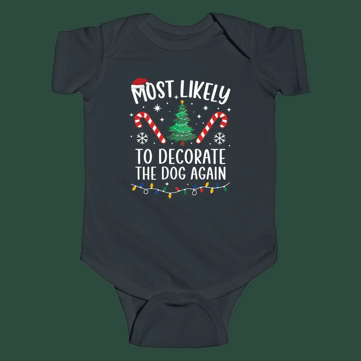 Most Likely To Decorate The Dog Again phrase with Christmas elements like Santa hat, tree, candy canes.