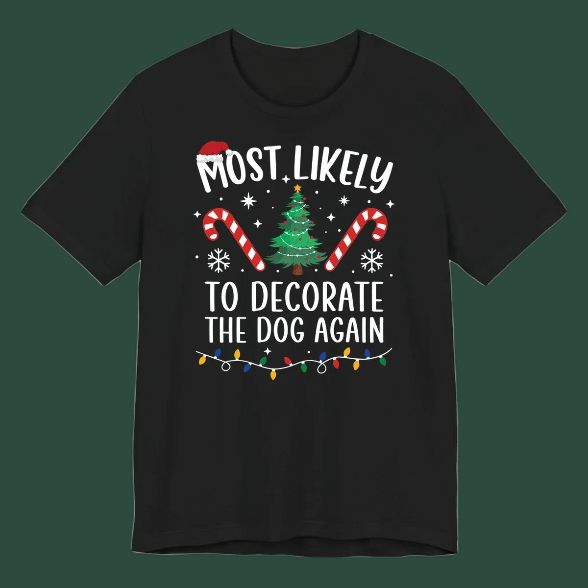 Most Likely To Decorate The Dog Again phrase with Christmas elements like Santa hat, tree, candy canes.
