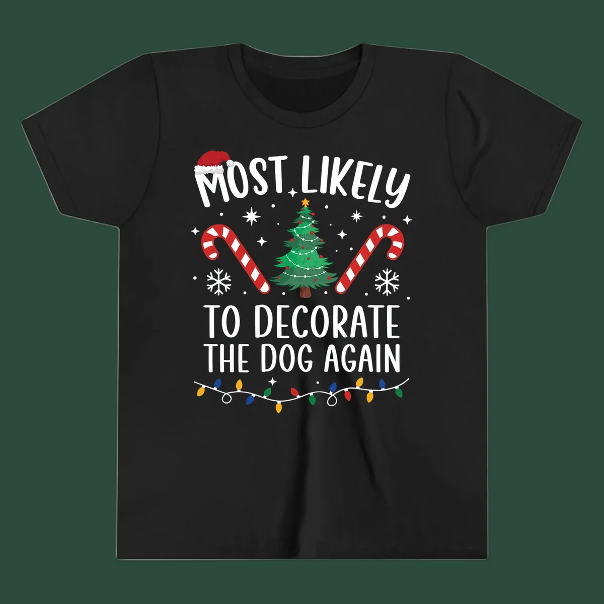 Most Likely To Decorate The Dog Again phrase with Christmas elements like Santa hat, tree, candy canes.