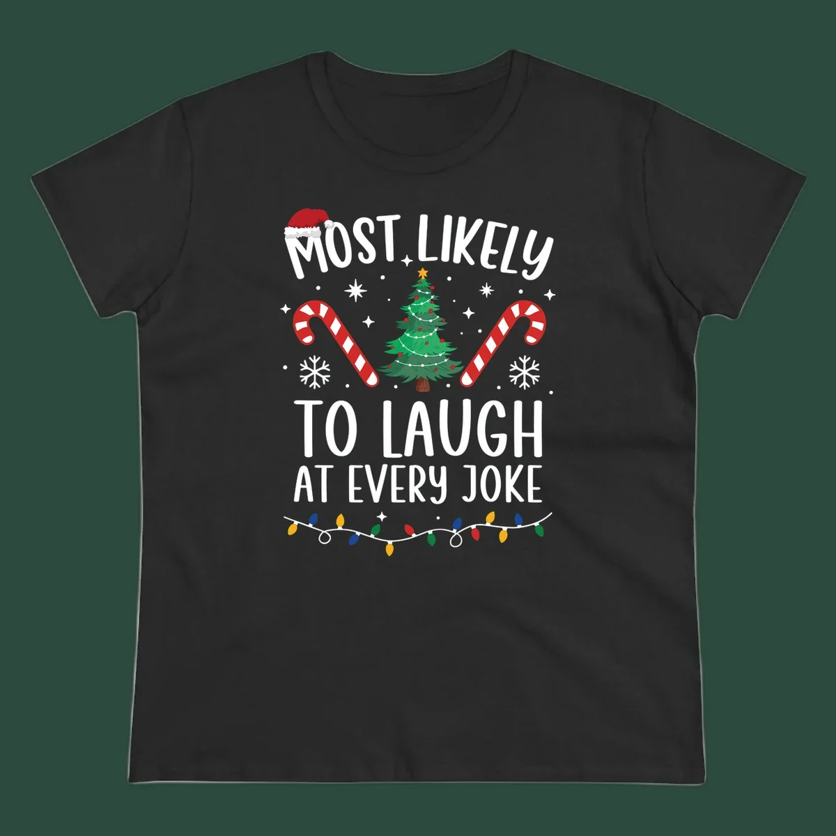Most Likely To Laugh At Every Joke Christmas text with Santa hat, tree, candy canes, and lights.
