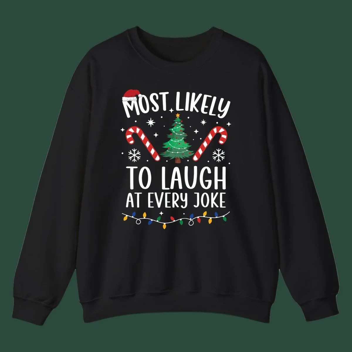 Most Likely To Laugh At Every Joke Christmas text with Santa hat, tree, candy canes, and lights.