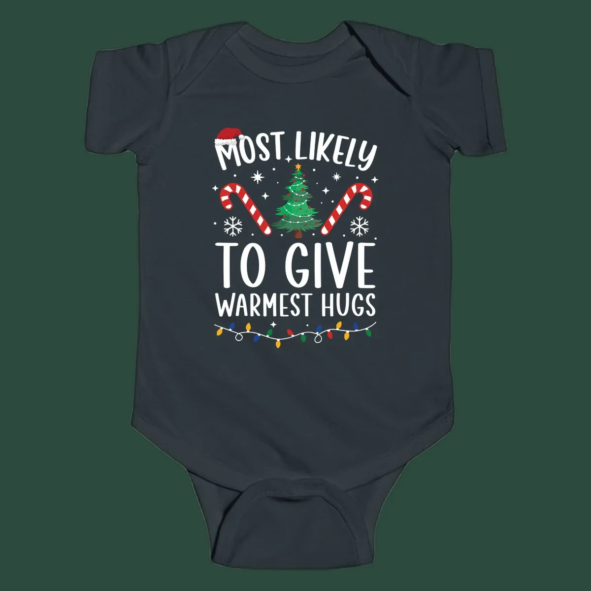 Christmas 'Most Likely To Give Warmest Hugs' design with tree, candy canes, and lights.