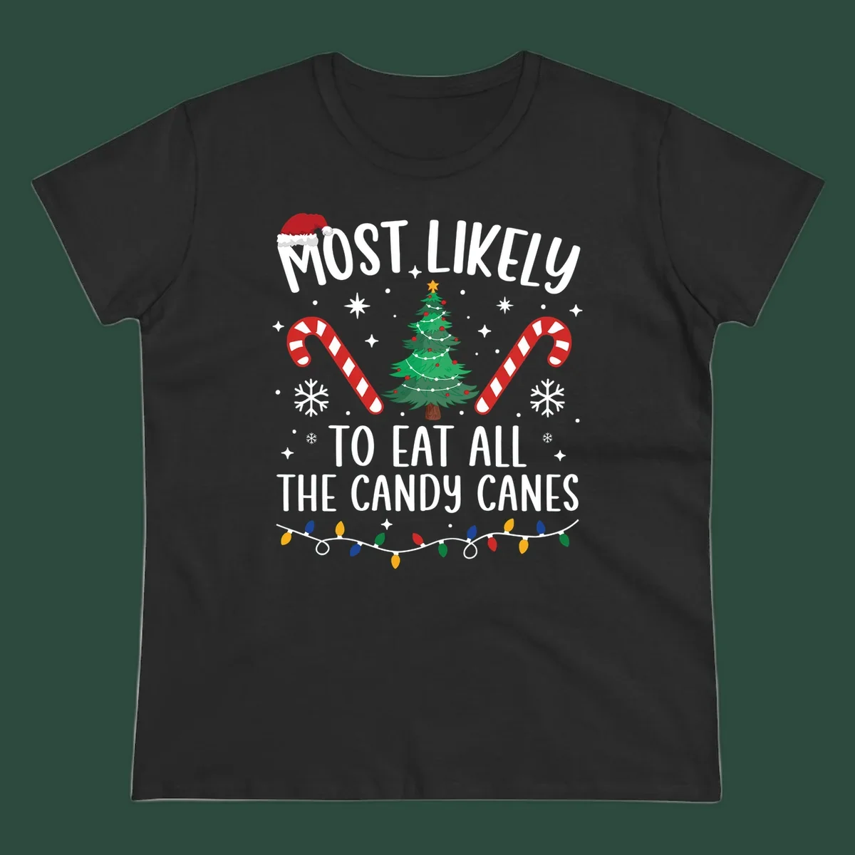 Most likely to eat all candy canes Christmas design with text, tree, candy canes, and lights.