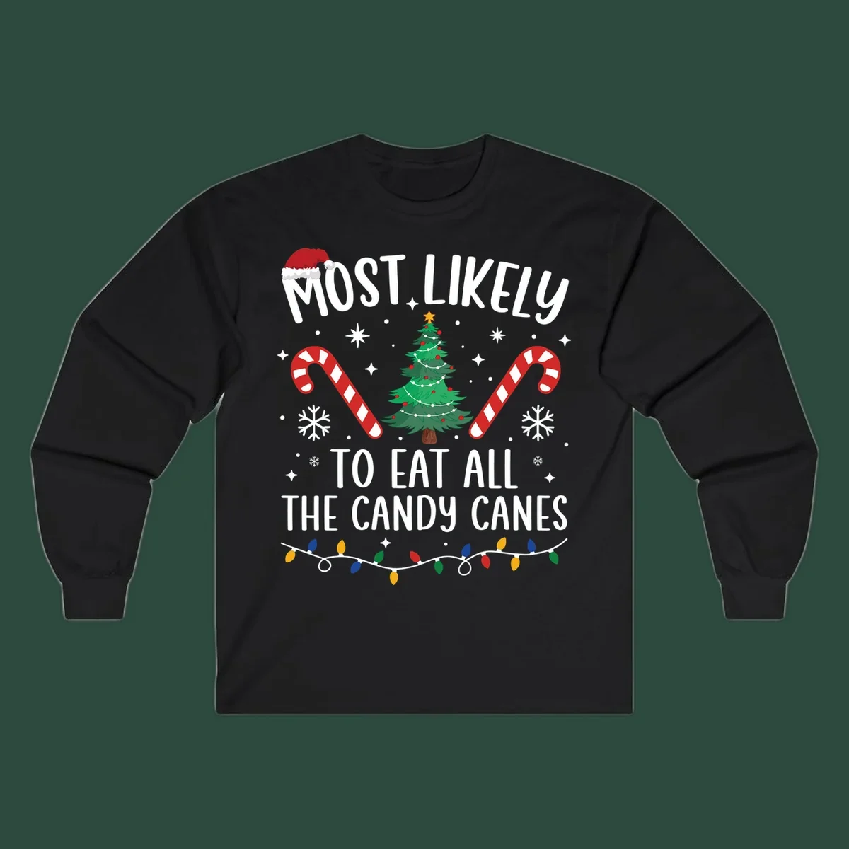 Most likely to eat all candy canes Christmas design with text, tree, candy canes, and lights.