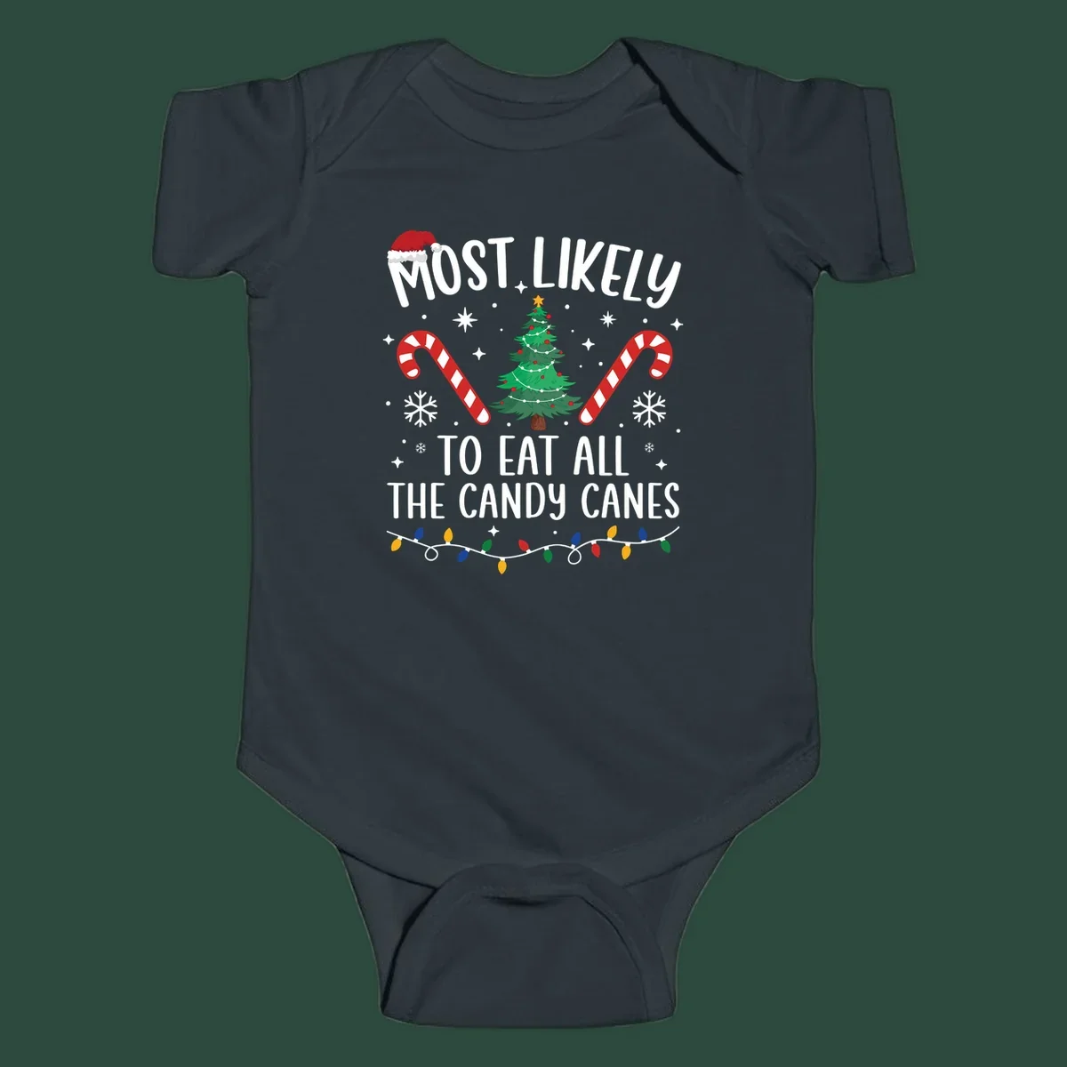 Most likely to eat all candy canes Christmas design with text, tree, candy canes, and lights.