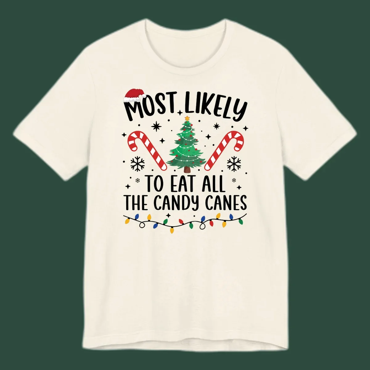 Most likely to eat all candy canes Christmas design with text, tree, candy canes, and lights.