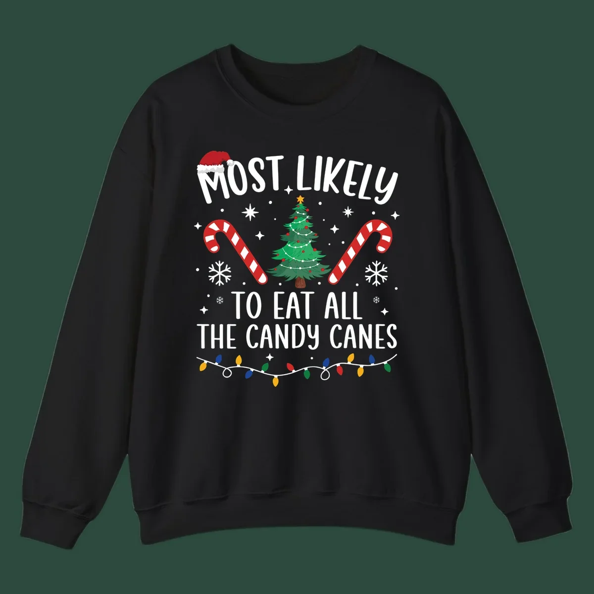 Most likely to eat all candy canes Christmas design with text, tree, candy canes, and lights.