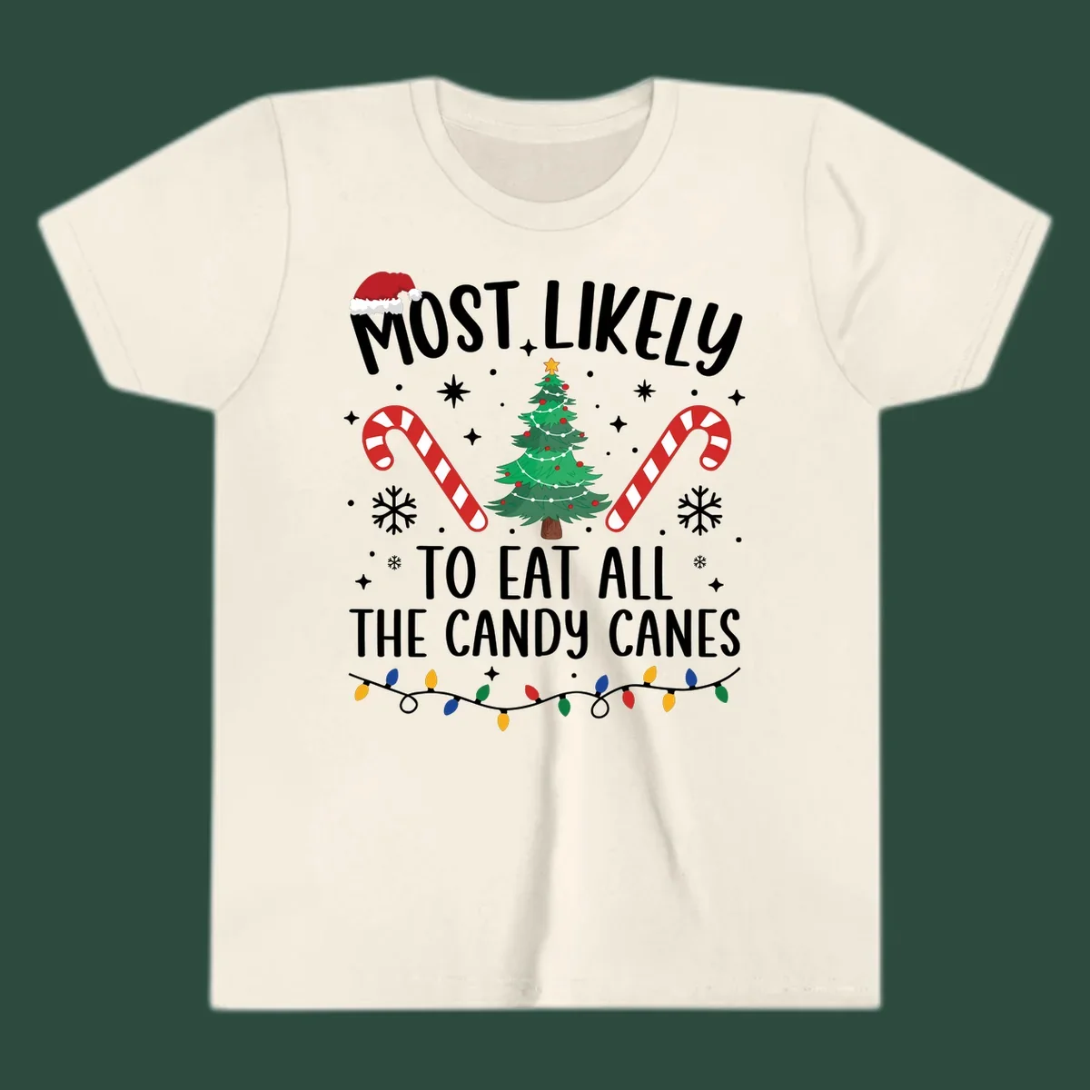 Most likely to eat all candy canes Christmas design with text, tree, candy canes, and lights.