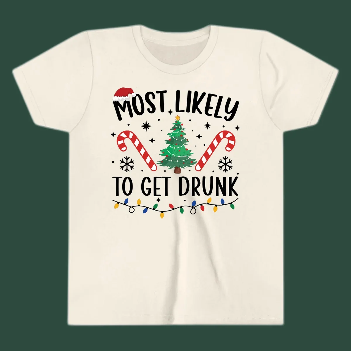 Most Likely To Get Drunk Christmas design with text, Santa hat, Christmas tree, candy canes, and lights.