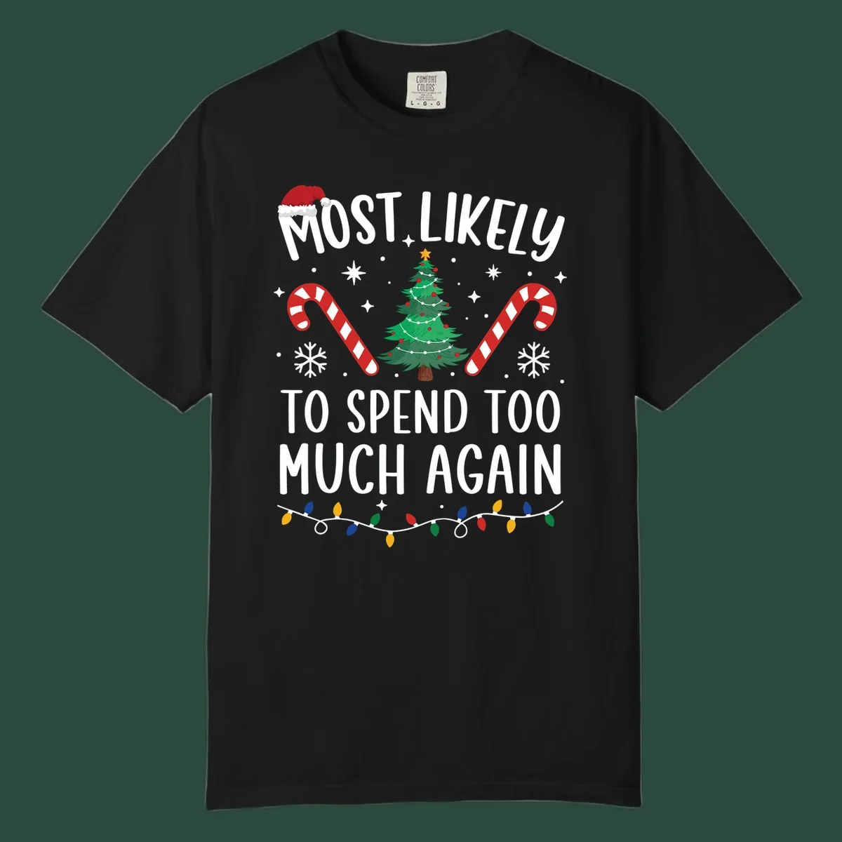 Most Likely To Spend Too Much Christmas spending crew text with tree, candy canes, and Santa hat.