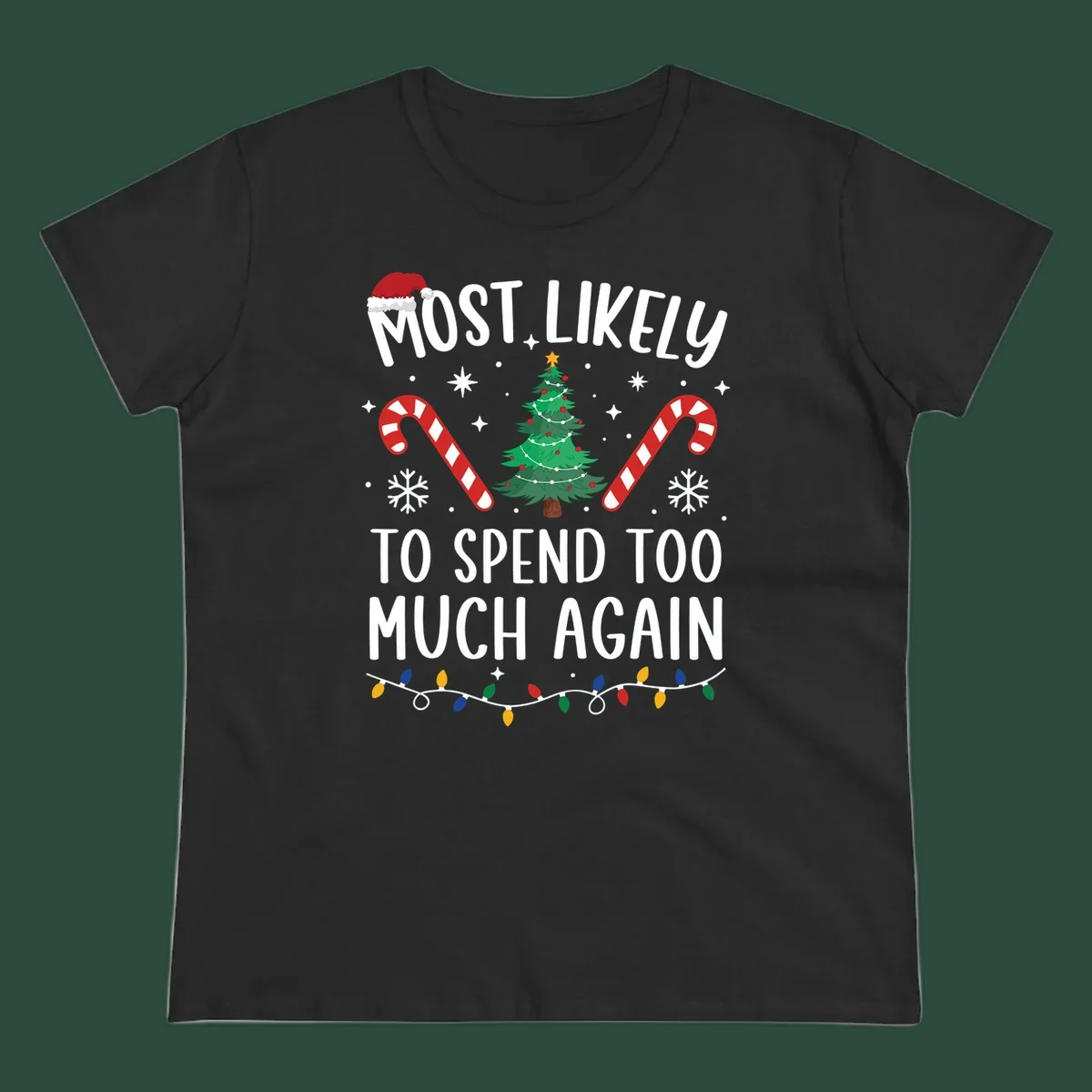 Most Likely To Spend Too Much Christmas spending crew text with tree, candy canes, and Santa hat.
