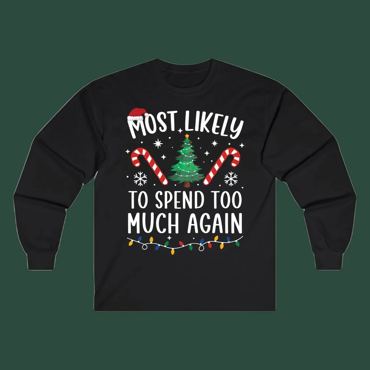 Most Likely To Spend Too Much Christmas spending crew text with tree, candy canes, and Santa hat.