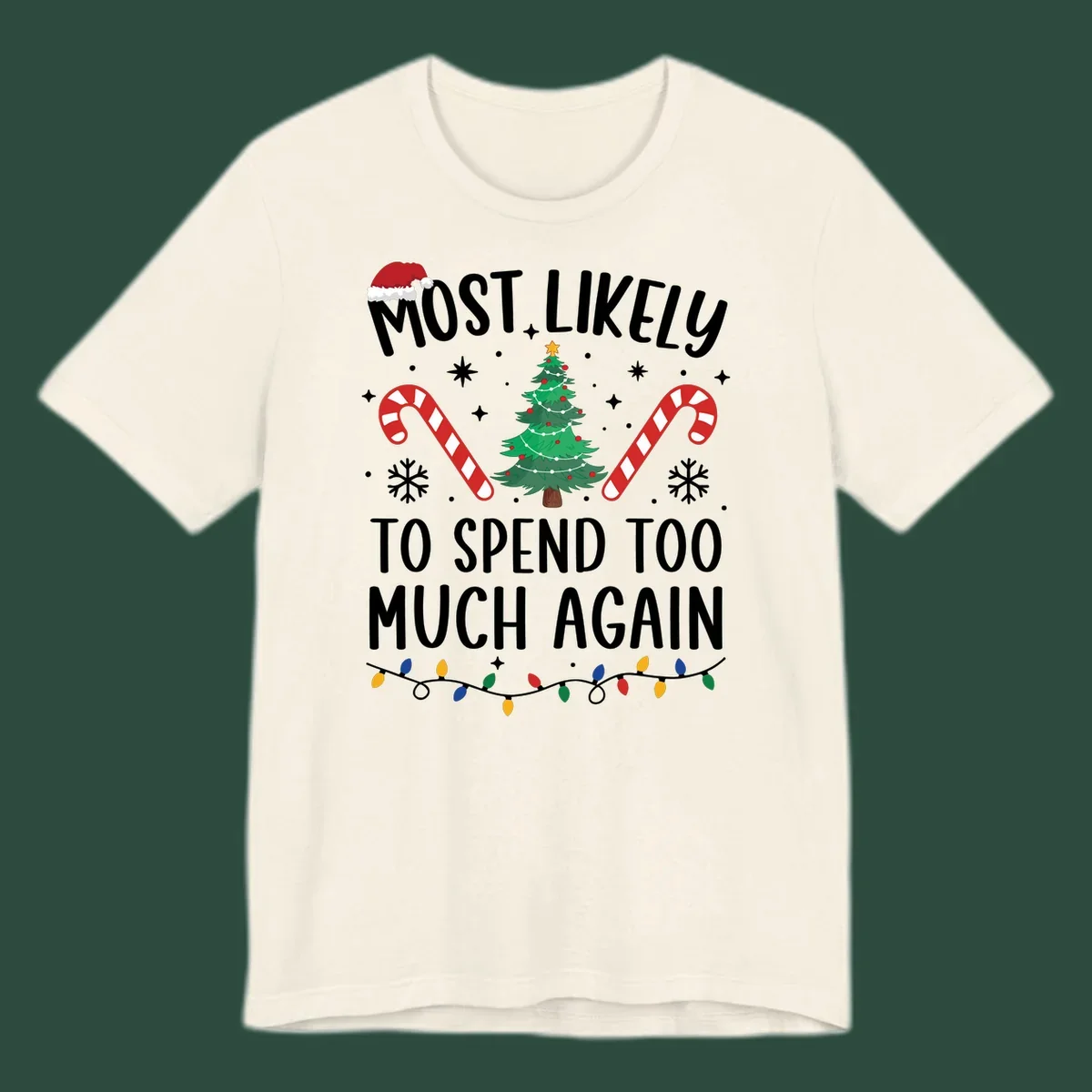 Most Likely To Spend Too Much Christmas spending crew text with tree, candy canes, and Santa hat.