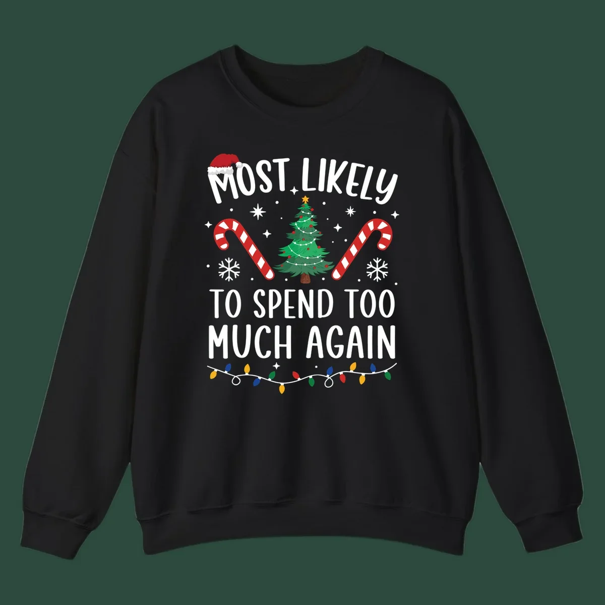 Most Likely To Spend Too Much Christmas spending crew text with tree, candy canes, and Santa hat.
