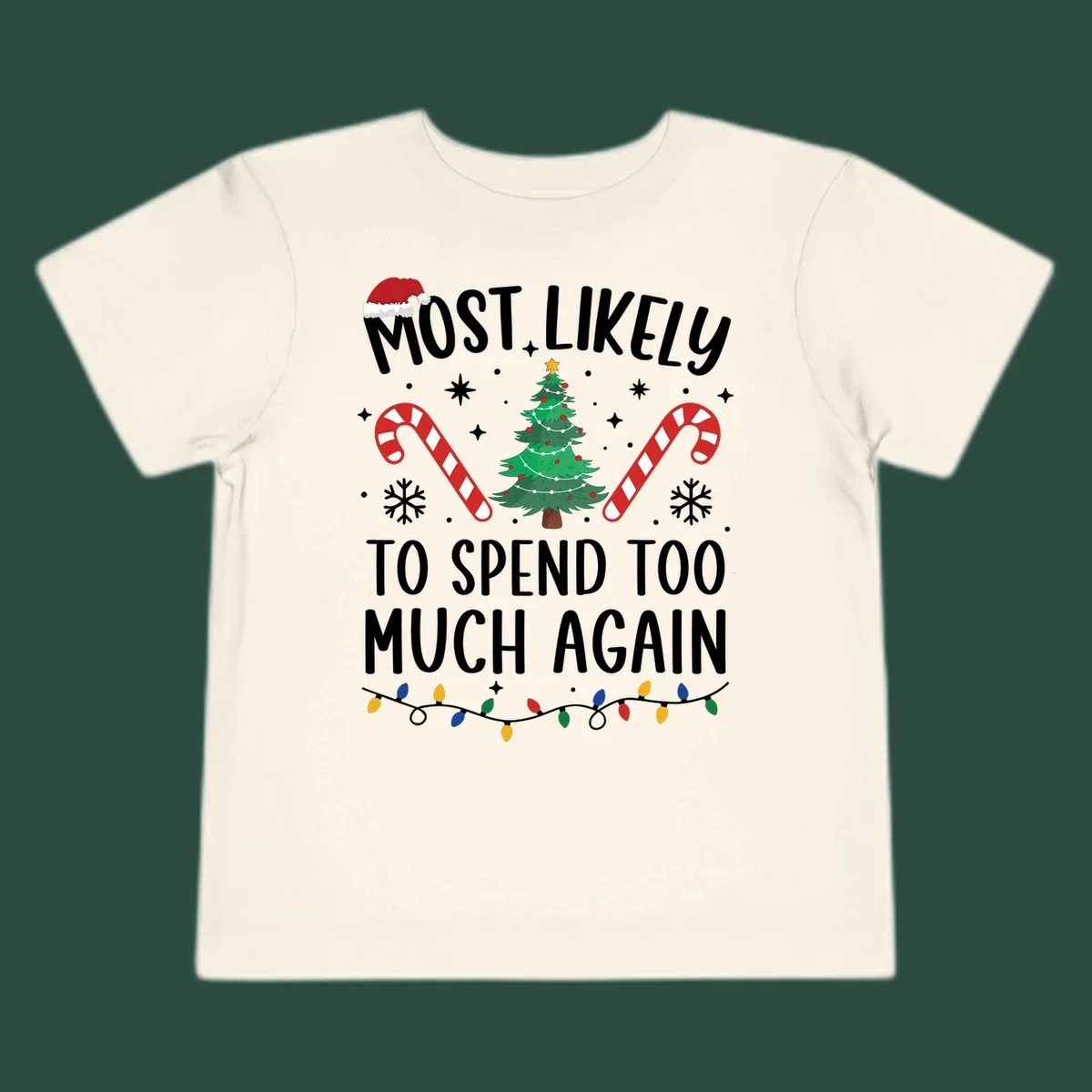 Most Likely To Spend Too Much Christmas spending crew text with tree, candy canes, and Santa hat.