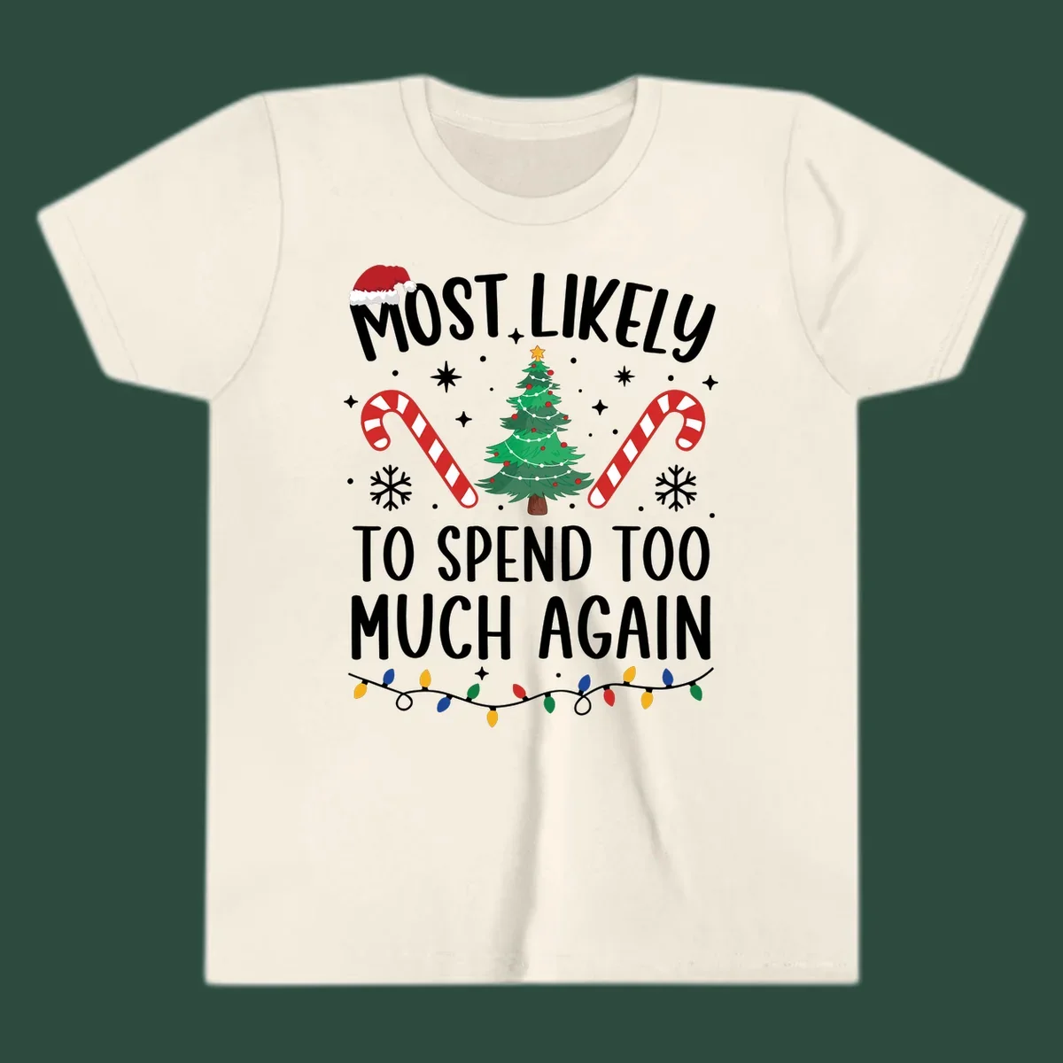 Most Likely To Spend Too Much Christmas spending crew text with tree, candy canes, and Santa hat.
