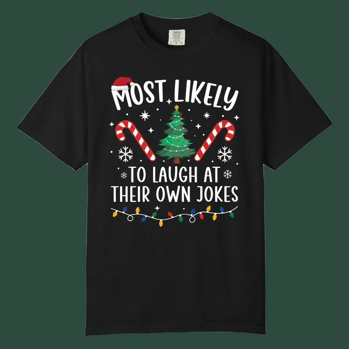Most Likely To Laugh At Their Own Jokes Christmas design with text and festive elements.