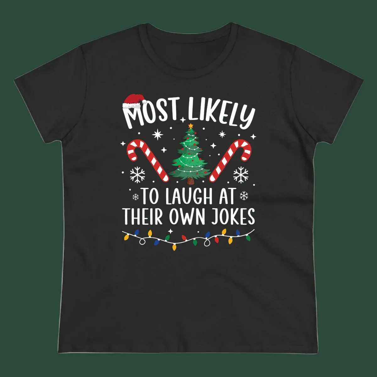 Most Likely To Laugh At Their Own Jokes Christmas design with text and festive elements.