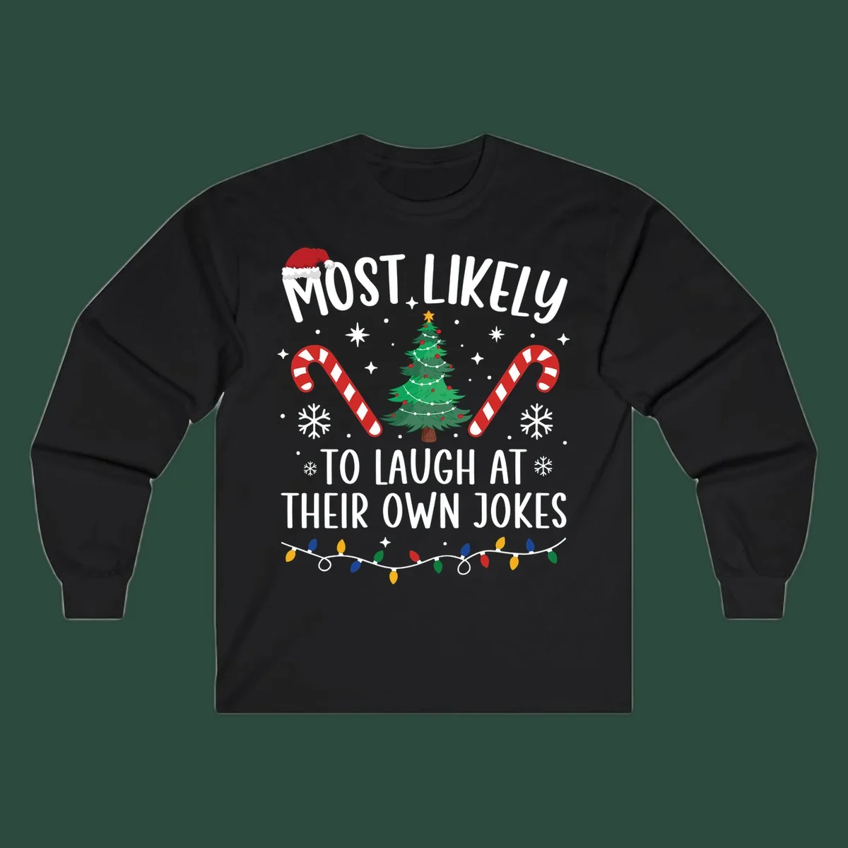 Most Likely To Laugh At Their Own Jokes Christmas design with text and festive elements.