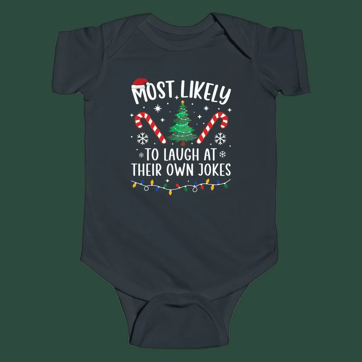 Most Likely To Laugh At Their Own Jokes Christmas design with text and festive elements.