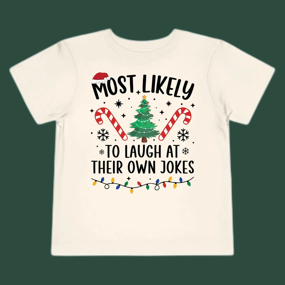 Most Likely To Laugh At Their Own Jokes Christmas design with text and festive elements.