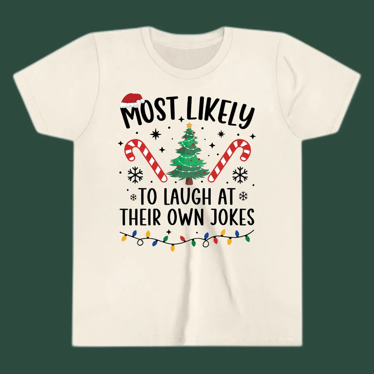 Most Likely To Laugh At Their Own Jokes Christmas design with text and festive elements.