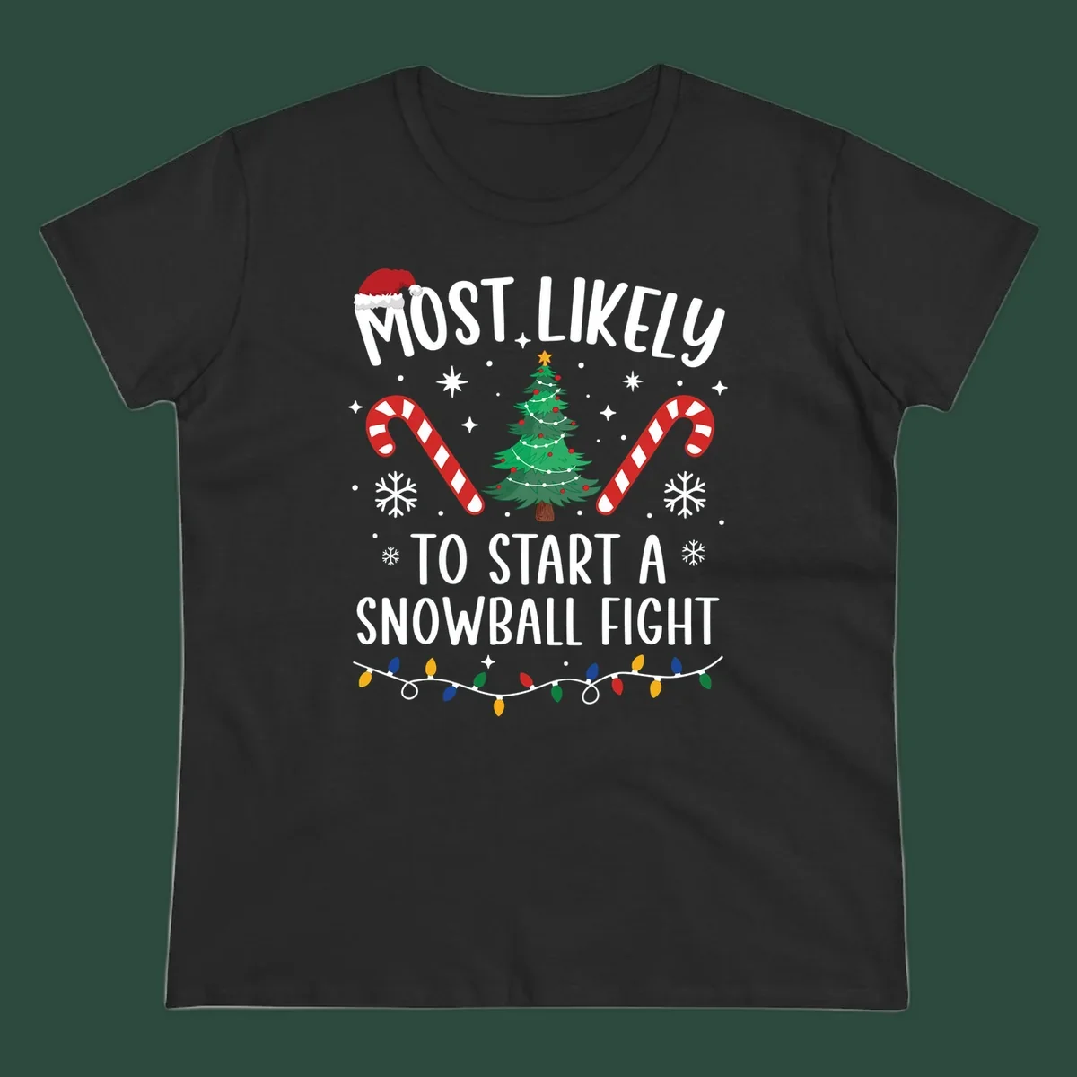 Most Likely To Start A Snowball Fight Christmas design with text, santa hat, tree, candy canes, and lights.