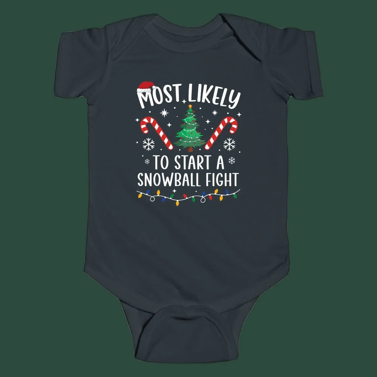 Most Likely To Start A Snowball Fight Christmas design with text, santa hat, tree, candy canes, and lights.