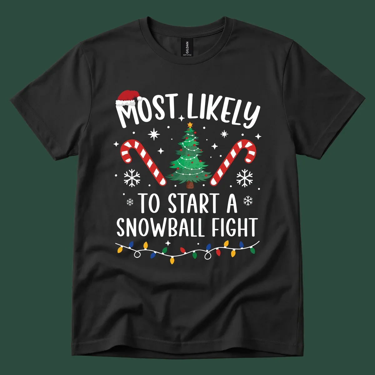 Most Likely To Start A Snowball Fight Christmas design with text, santa hat, tree, candy canes, and lights.