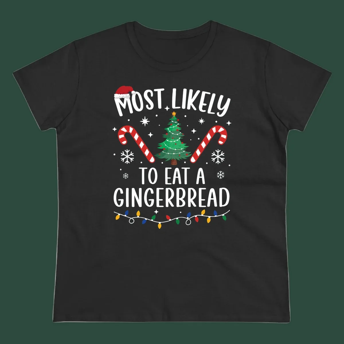 Most Likely To Eat A Gingerbread Christmas design with festive elements.