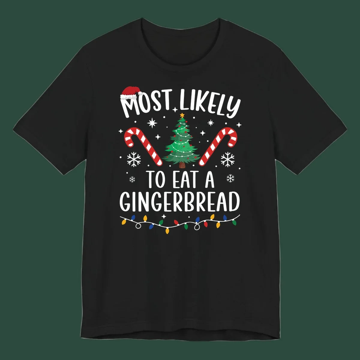 Most Likely To Eat A Gingerbread Christmas design with festive elements.