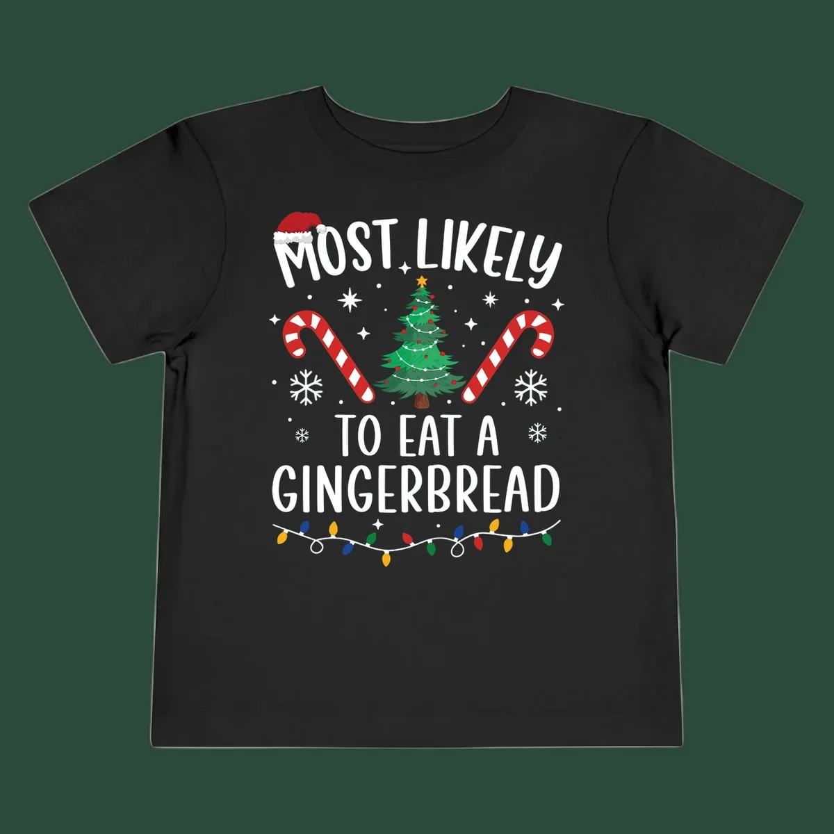 Most Likely To Eat A Gingerbread Christmas design with festive elements.