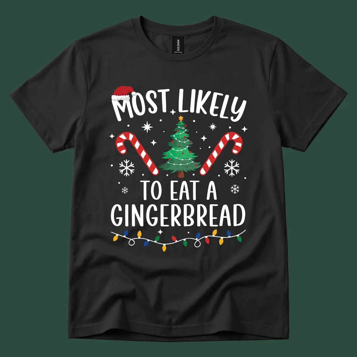 Most Likely To Eat A Gingerbread Christmas design with festive elements.