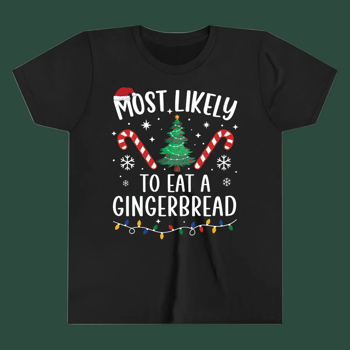 Most Likely To Eat A Gingerbread Christmas design with festive elements.