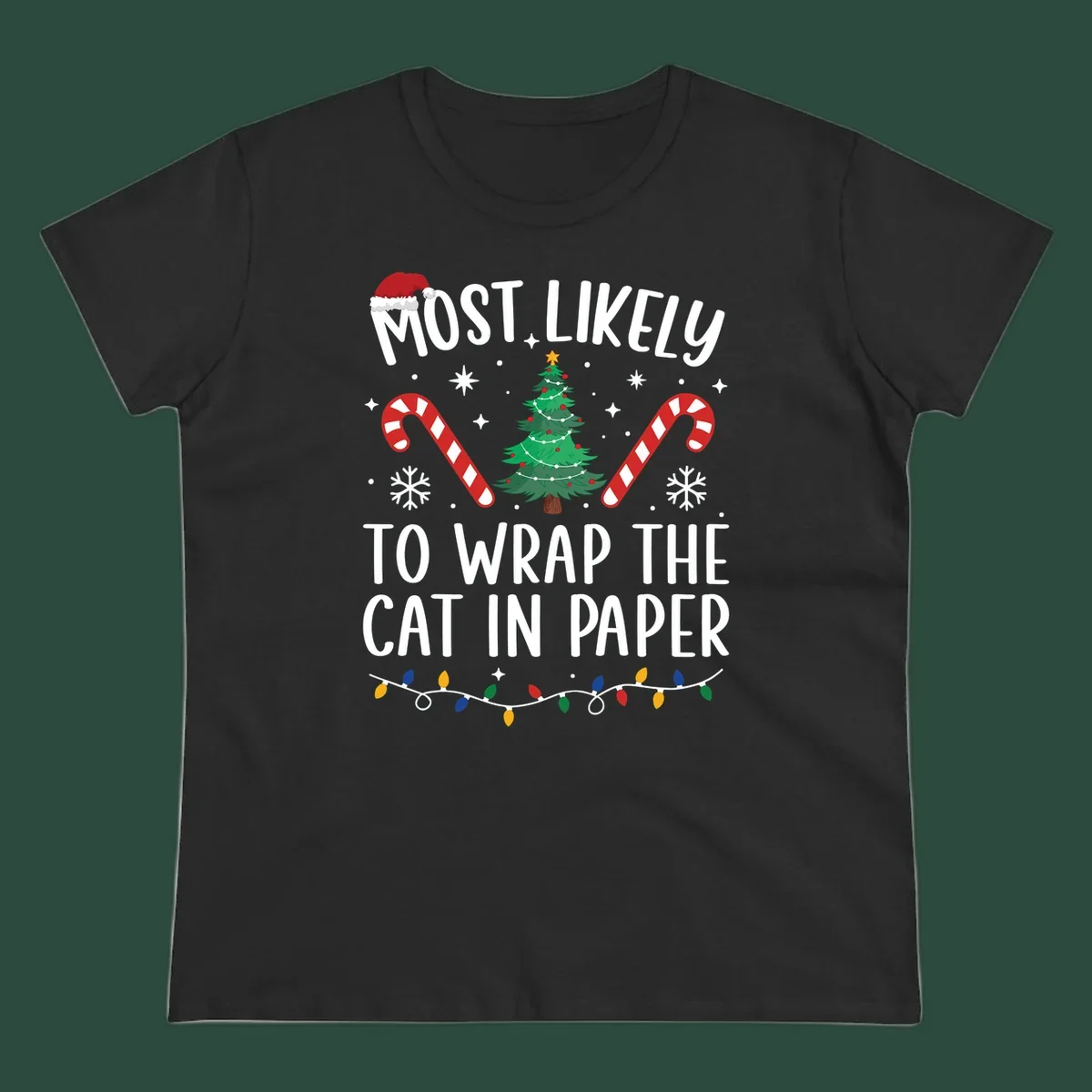 Most Likely To Wrap The Cat Christmas design with text, Santa hat, tree, candy canes, and lights.