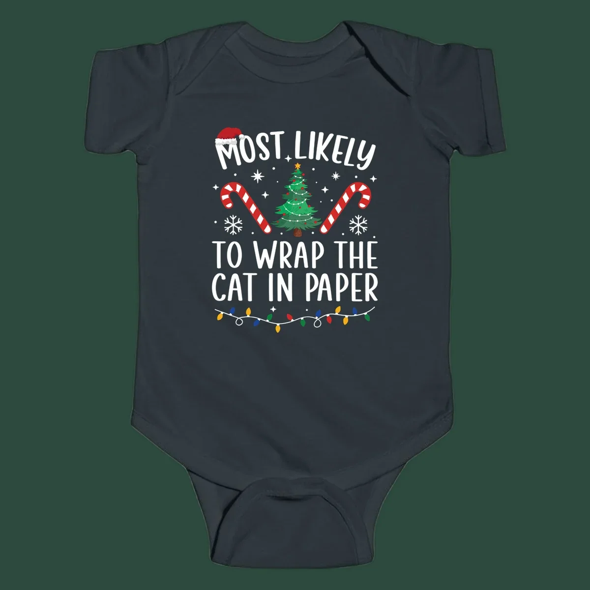 Most Likely To Wrap The Cat Christmas design with text, Santa hat, tree, candy canes, and lights.