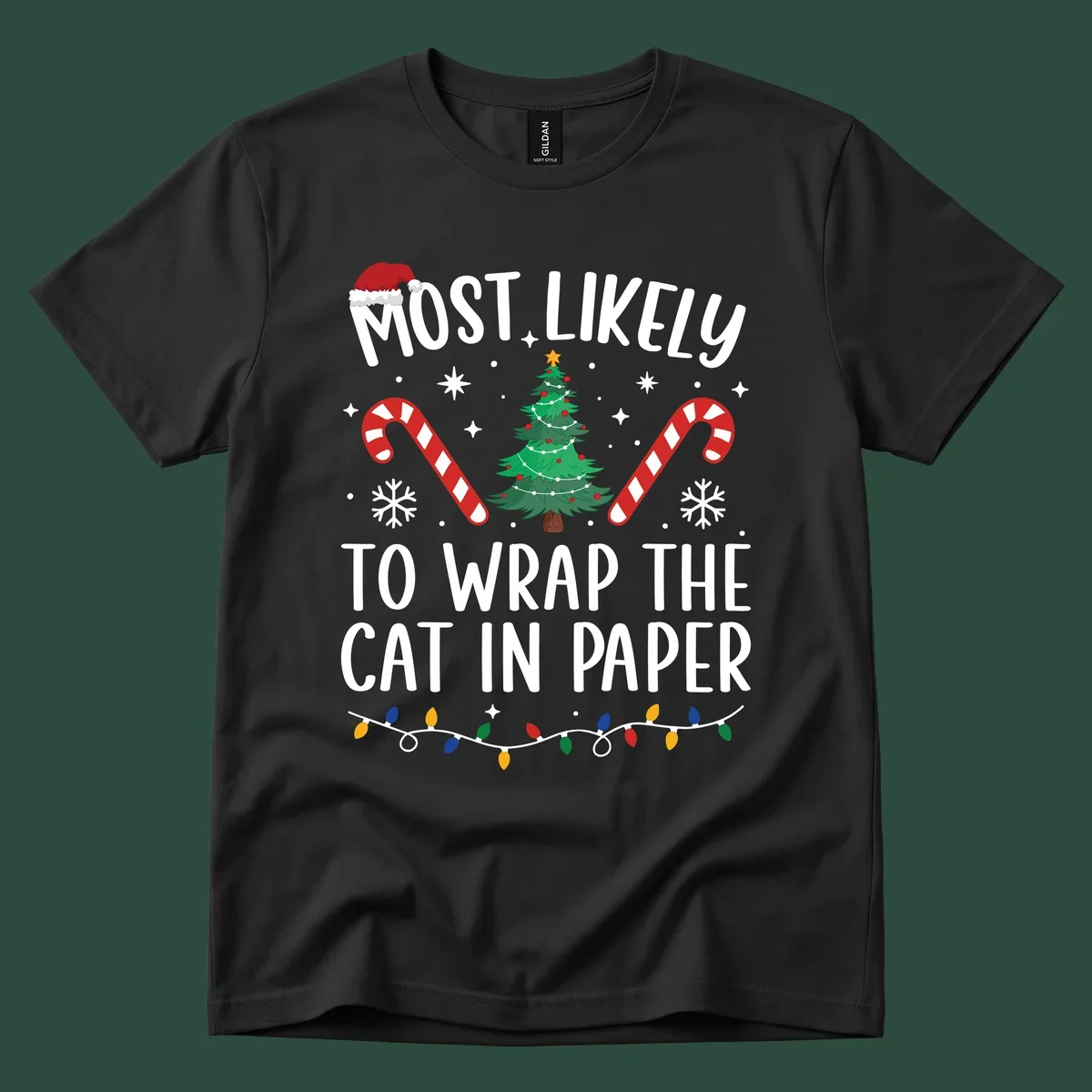 Most Likely To Wrap The Cat Christmas design with text, Santa hat, tree, candy canes, and lights.