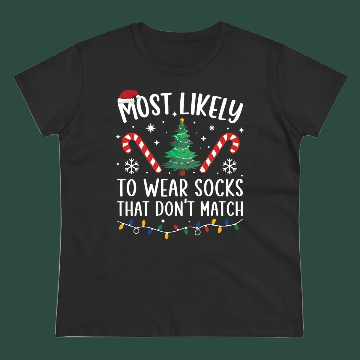 Most Likely To Wear Mismatched Socks Christmas design with text, Santa hat, tree, candy canes, and lights.