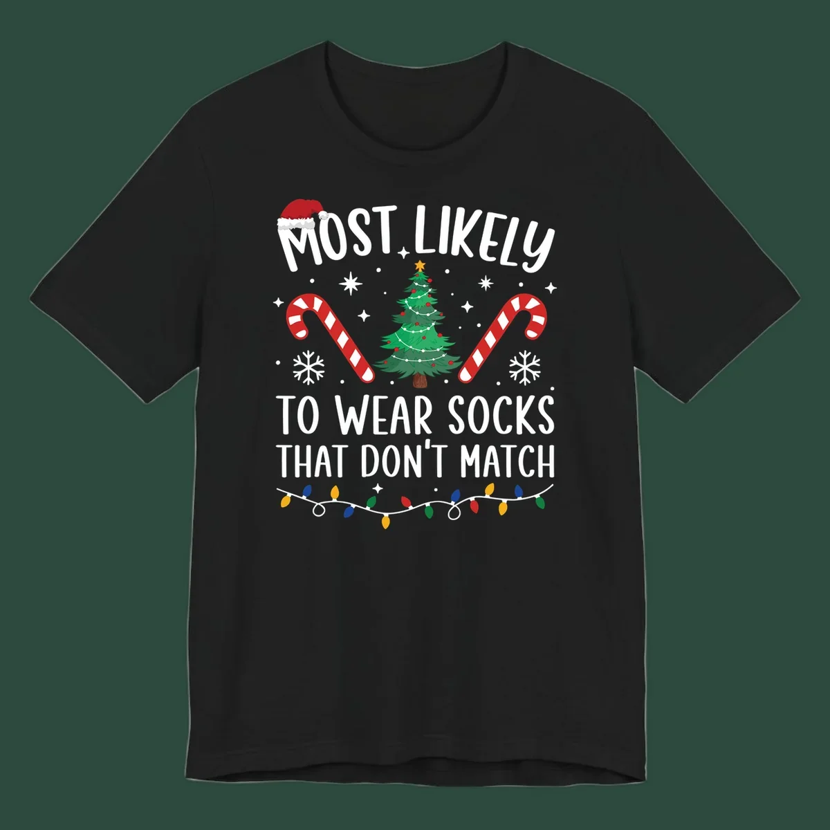 Most Likely To Wear Mismatched Socks Christmas design with text, Santa hat, tree, candy canes, and lights.