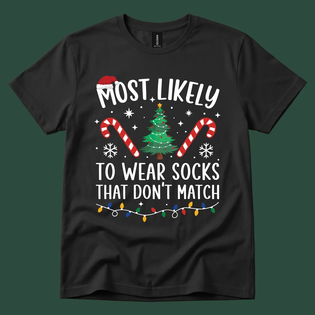 Most Likely To Wear Mismatched Socks Christmas design with text, Santa hat, tree, candy canes, and lights.