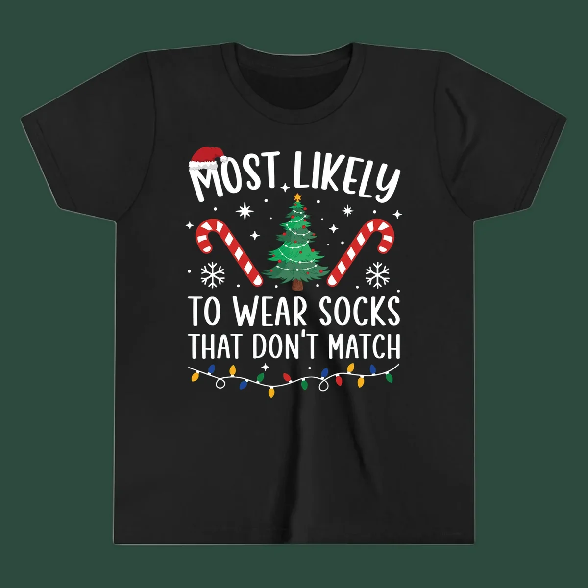 Most Likely To Wear Mismatched Socks Christmas design with text, Santa hat, tree, candy canes, and lights.