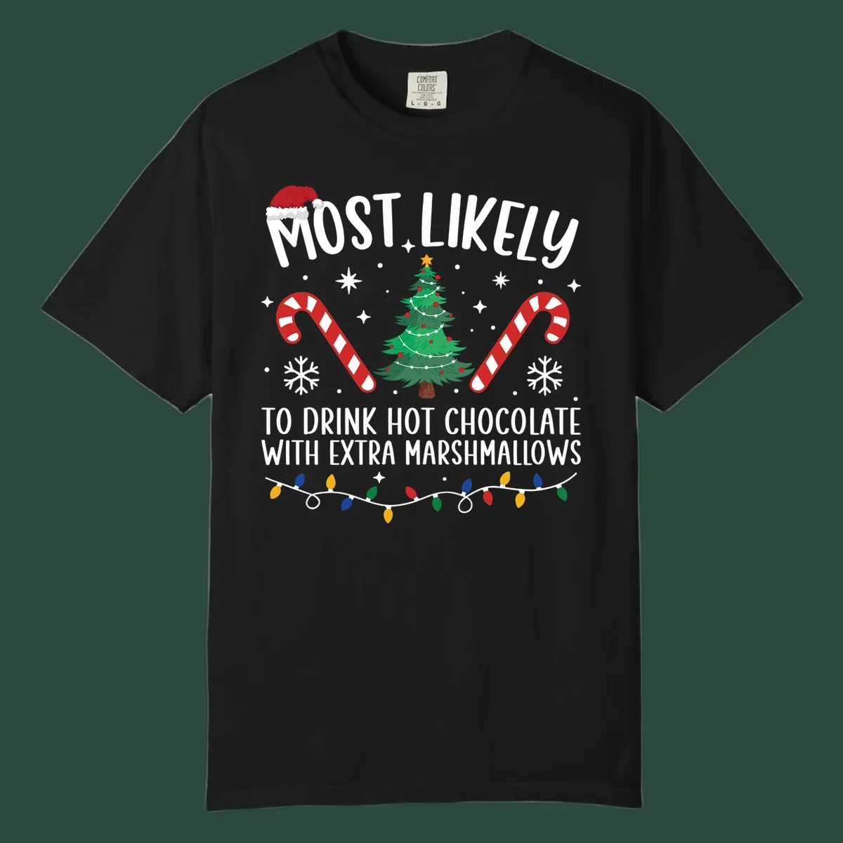Hot chocolate christmas design with text, tree, candy canes, and Santa hat.