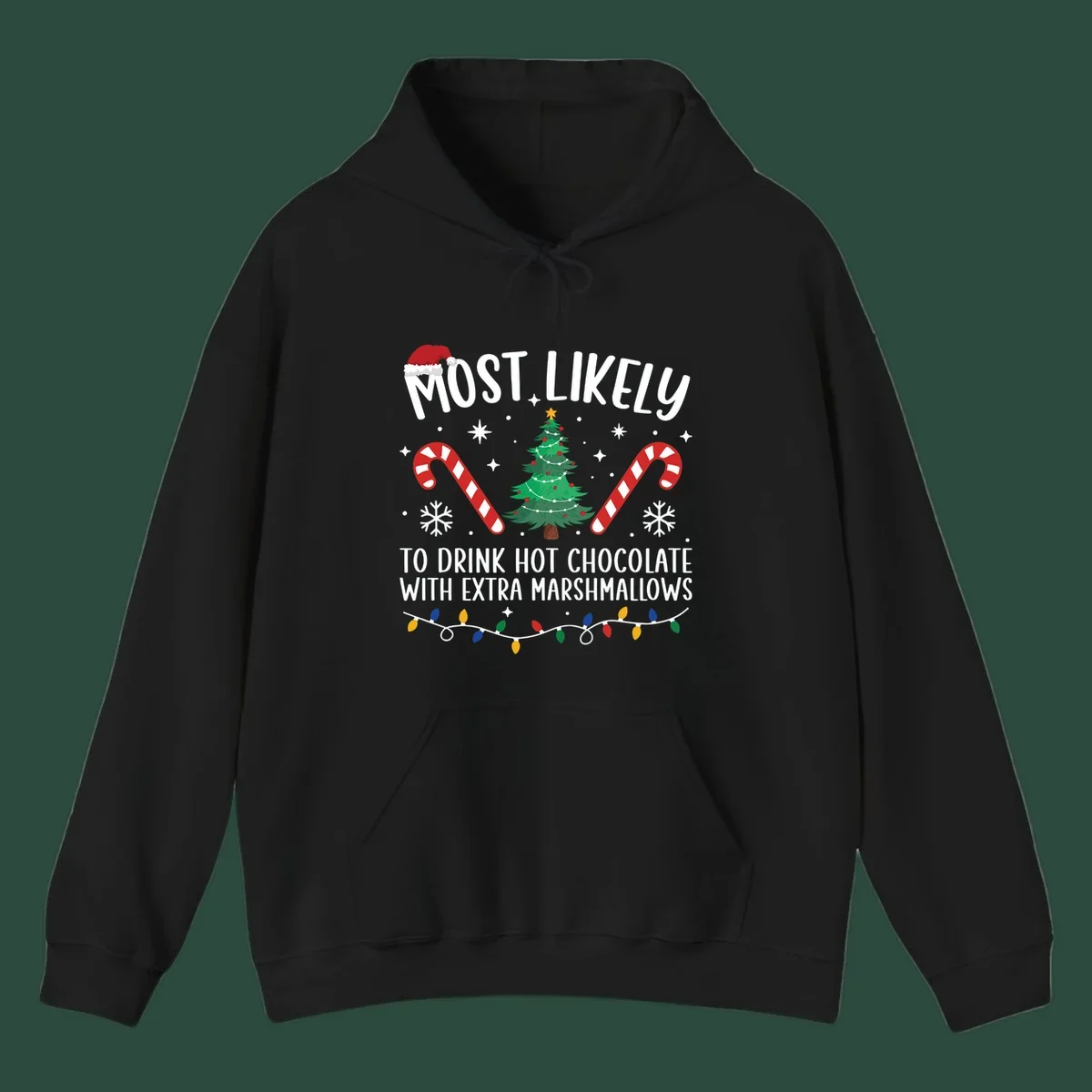 Hot chocolate christmas design with text, tree, candy canes, and Santa hat.