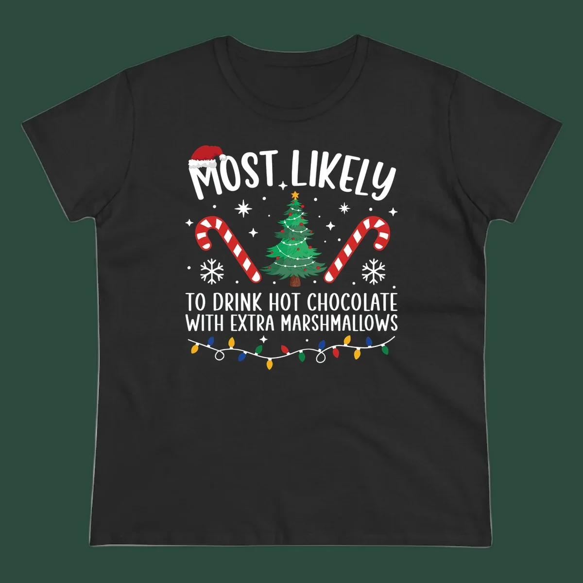 Hot chocolate christmas design with text, tree, candy canes, and Santa hat.
