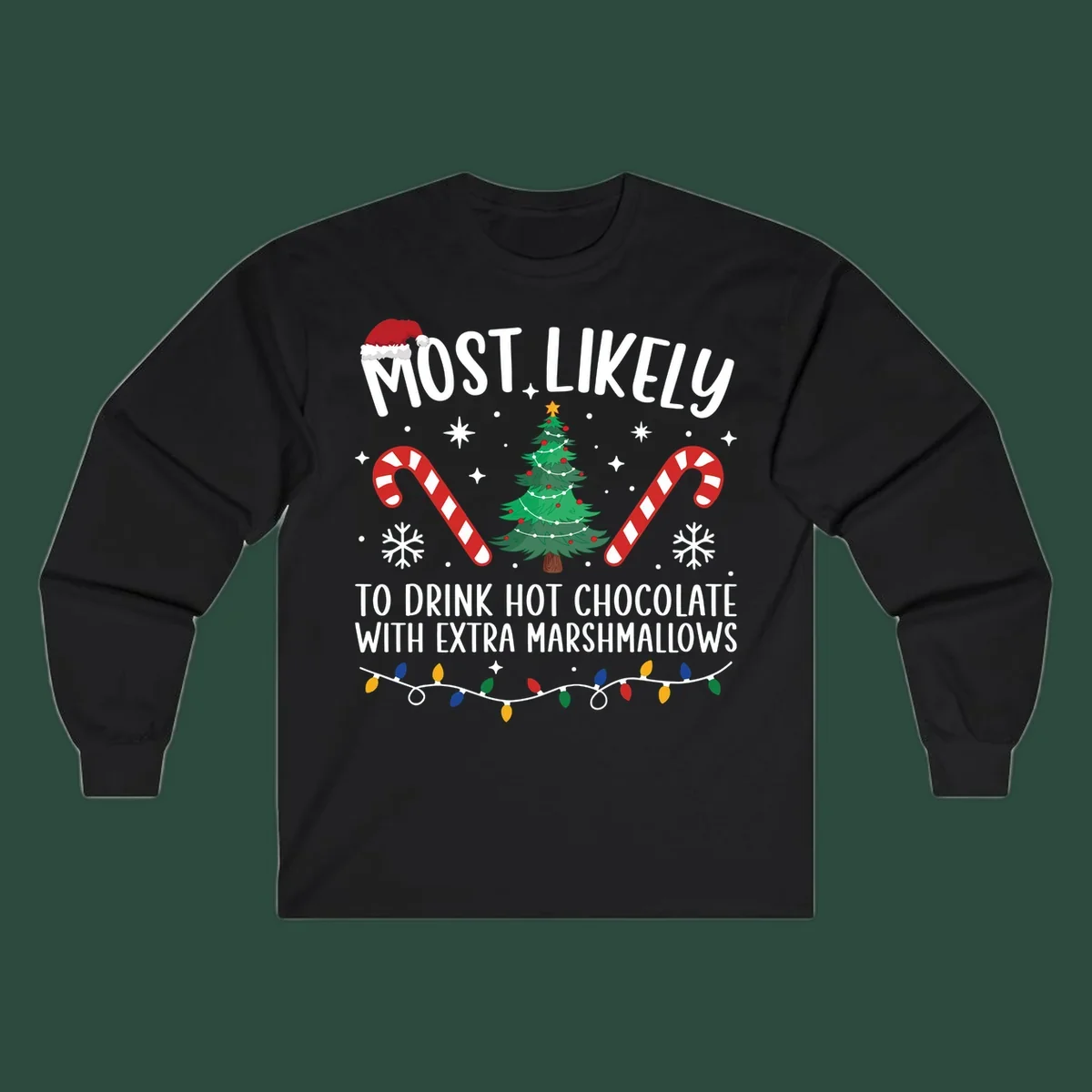 Hot chocolate christmas design with text, tree, candy canes, and Santa hat.